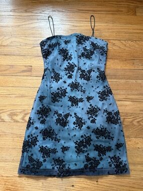 Rampage Blue Slip Dress with Black Floral Burnout